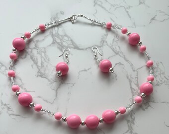 Light Pink Beaded Necklace and Earrings