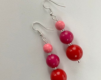Bright Red and Pink Bead Earrings