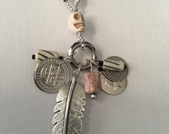 Large silver leaf pendant skull necklace