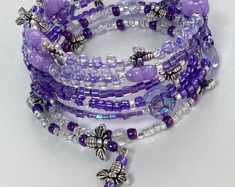 Purple Bead and Bee Charm Memory Wire Bracelet