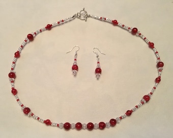 Red beaded necklace and earring set