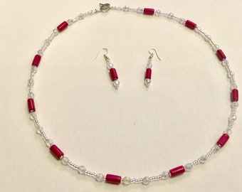 Pink  and crystal bead necklace with earrings