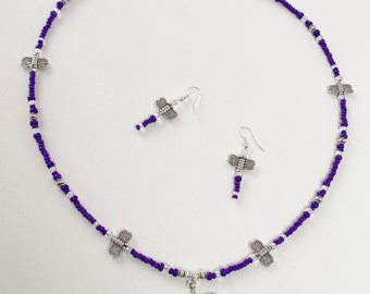 Purple Bead Dragonfly Necklace and Earrings