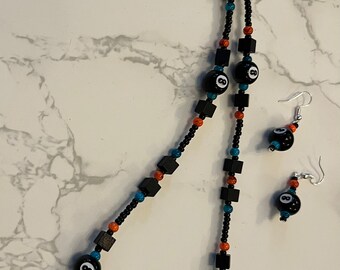 Black Number Eight Ball Necklace and Earrings