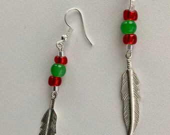 Long Silver Feather Charm Earrings
