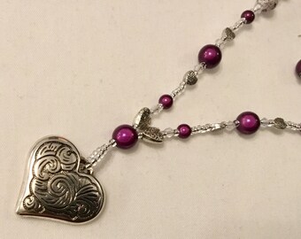 Large silver heart purple bead necklace with earrings