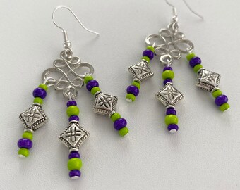 Dangly Purp;e and Green Bead Earrings