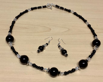 Black Beaded Necklace and Earrings