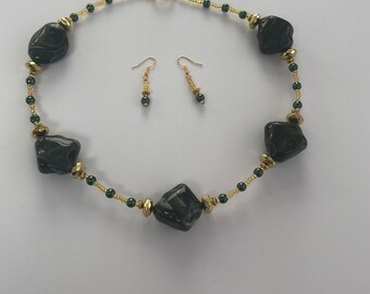 Chunky Dark Green Bead Necklace and Earrings