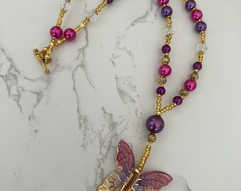 Butterfly Pendant Purple and Pink Beaded Necklace