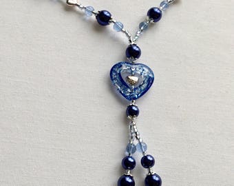 Blue heart beaded necklace