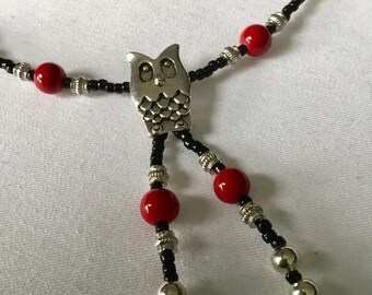 Pinky-Red bead, silver owl Pendant necklace