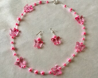 Pink butterfly necklace and earring set