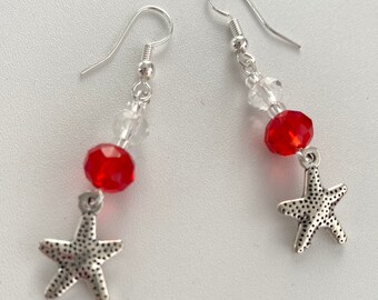 Dangly Silver Star Red Bead Earrings