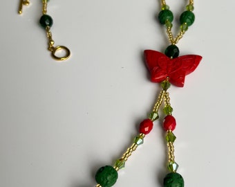 Red and Green Bead Butterfly Necklace