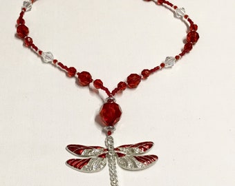 Red dragonfly Pendant Beaded Necklace