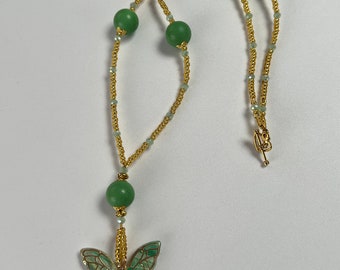 Pretty Green Beaded Necklace with  Butterfly Pendant