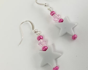 Pink Bead White Star Dangle Earrings