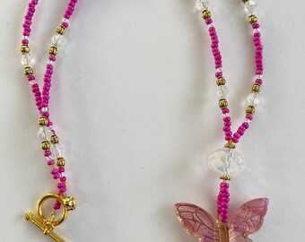 Bright Pink Bead and Butterfly Pendant Necklace