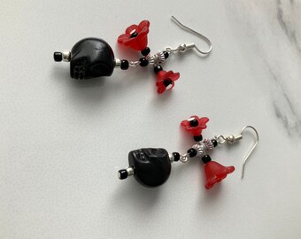 Black Skull and red flower Dangle Earrings