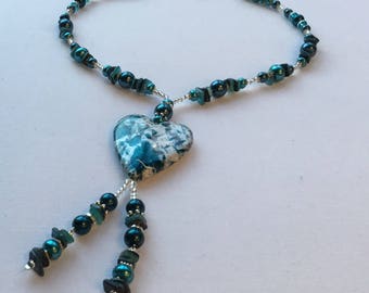Large blue heart pendant beaded necklace