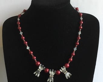 Deep red beaded choker necklace with earrings