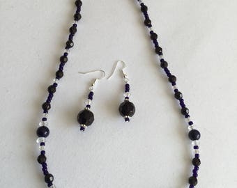 Black and dark blue beaded necklace and earring set
