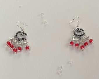 Red Bead Dangly Heart Earrings