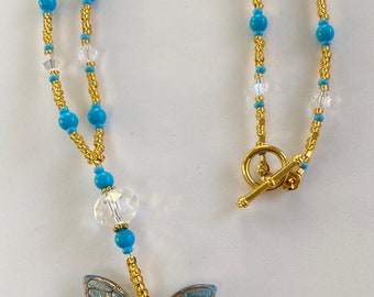 Blue Bead Butterfly Pendant Necklace