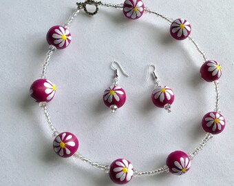 Chunky pink flower bead necklace with matching earrings
