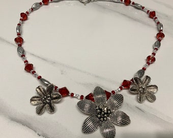 Antique Flower Pendant and Red Bead necklace