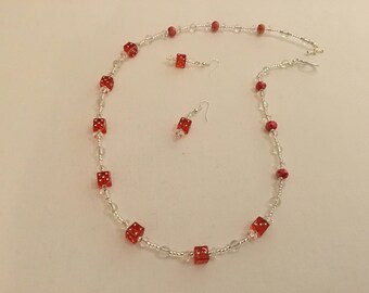 Red dice beaded necklace with matching earrings