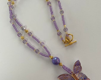 Butterfly Pendant Purple Bead Necklace