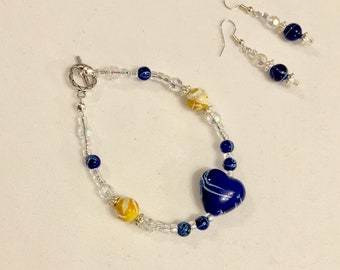 Bright Blue Heart and Yellow Bracelet and Earrings Set