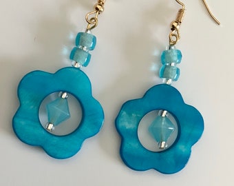 Blue Flower Shell Bead Earrings
