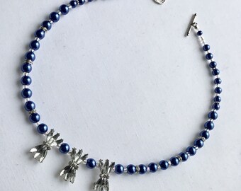 crystal triple pendant blue pearl beaded necklace