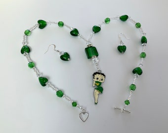 Bright Green Betty Boop Beaded Necklace and Earrings