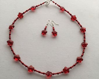 Red flower bead necklace and earring set