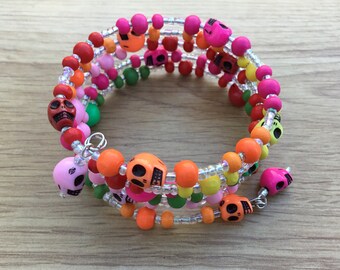 Colourful Skull bead memory bracelet