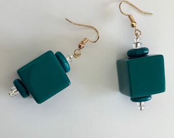 Dark Teal Cube Bead Earrings