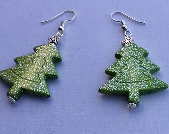 Green glitter Christmas tree earrings