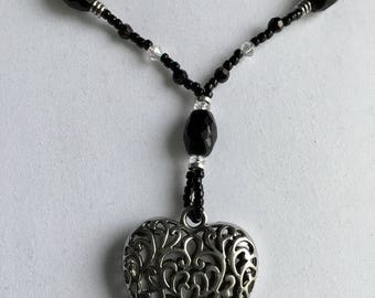 Antique silver heart pendant black beaded necklace