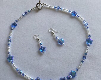 Blue star glass beaded necklace and earring set