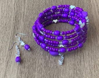 Bright Purple Beads Bracelet with Earrings