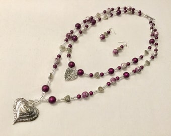 Purple multi strand beaded heart pendant necklace with matching earrings