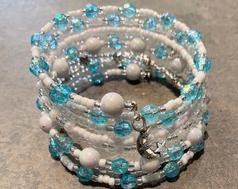 Light Blue and White Beaded Memory Bracelet with Sun and Moon Charms