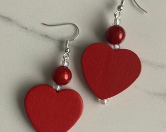 Bright Red Chunky Heart Dangly Earrings