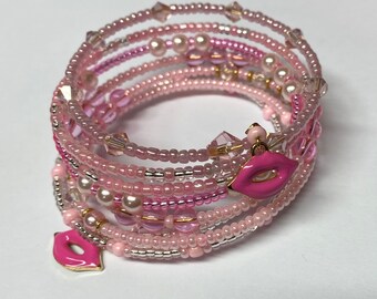 Pink Beaded Memory Bracelet with Lip Charms