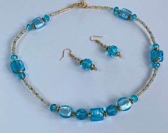 Pretty Blue Glass Bead Necklace and Earrings