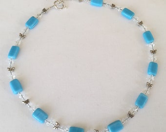 silver butterfly blue beaded necklace
